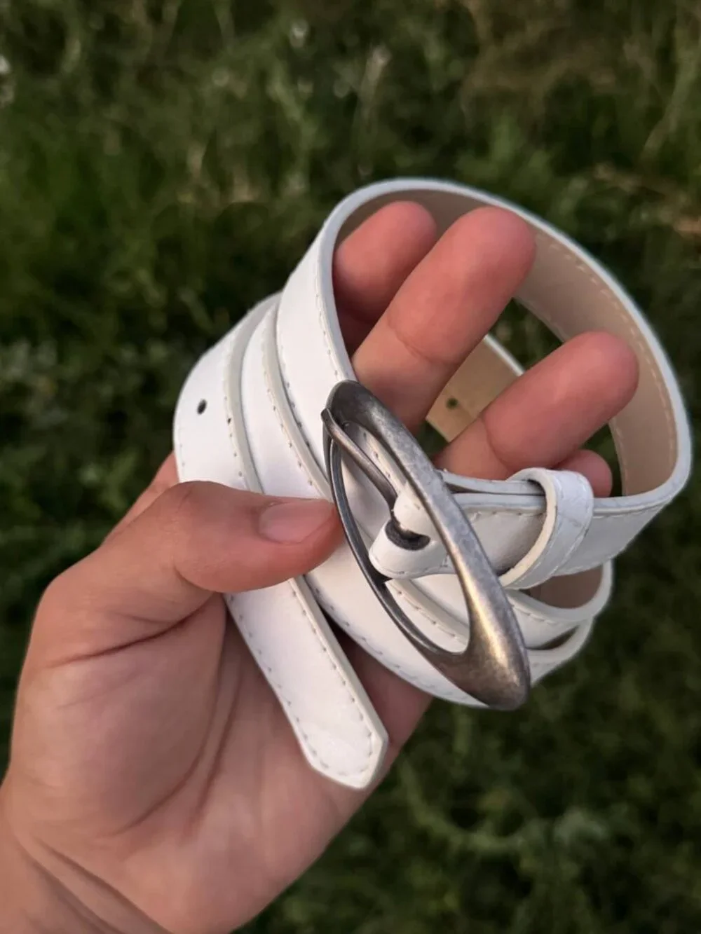 White Belt with Oversized Silver Oval Buckle